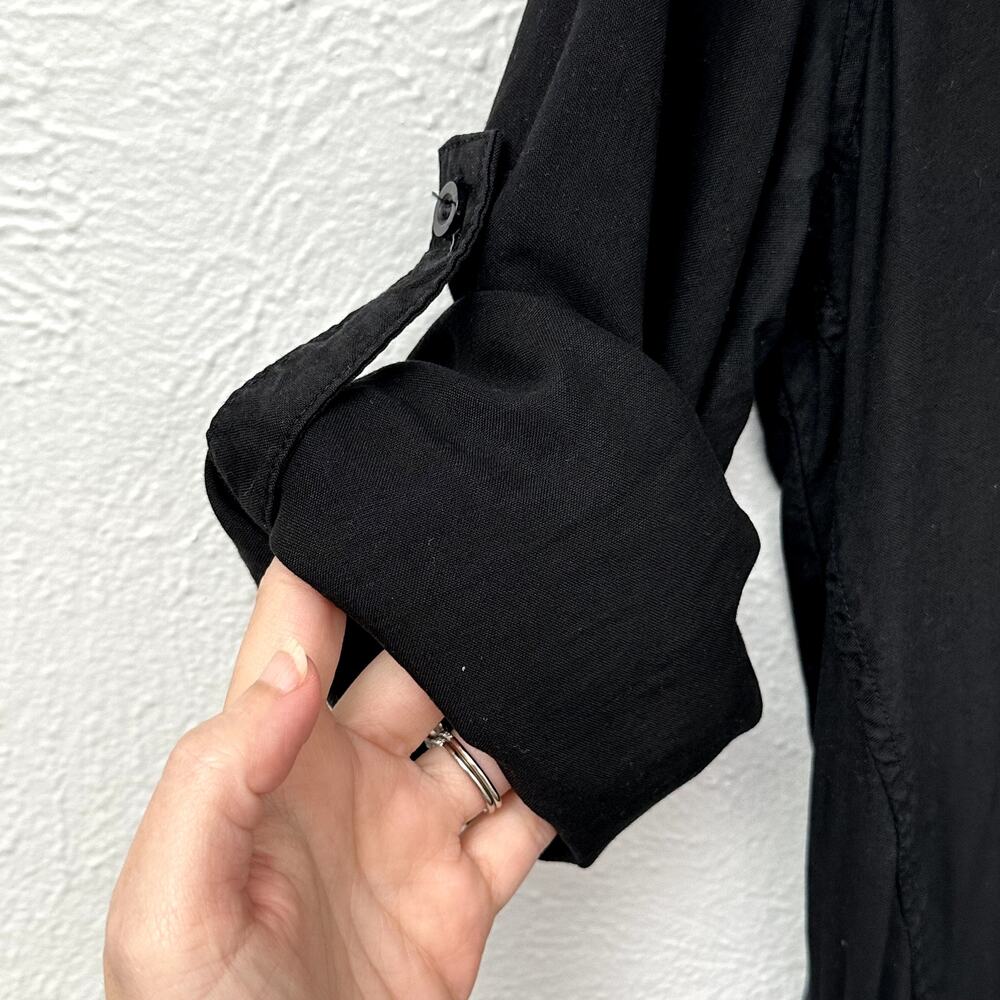 Cloth & Stone Black Tencel Shirt Dress Size Small Roll Tab Sleeves Pockets Mini - Picture 6 of 11